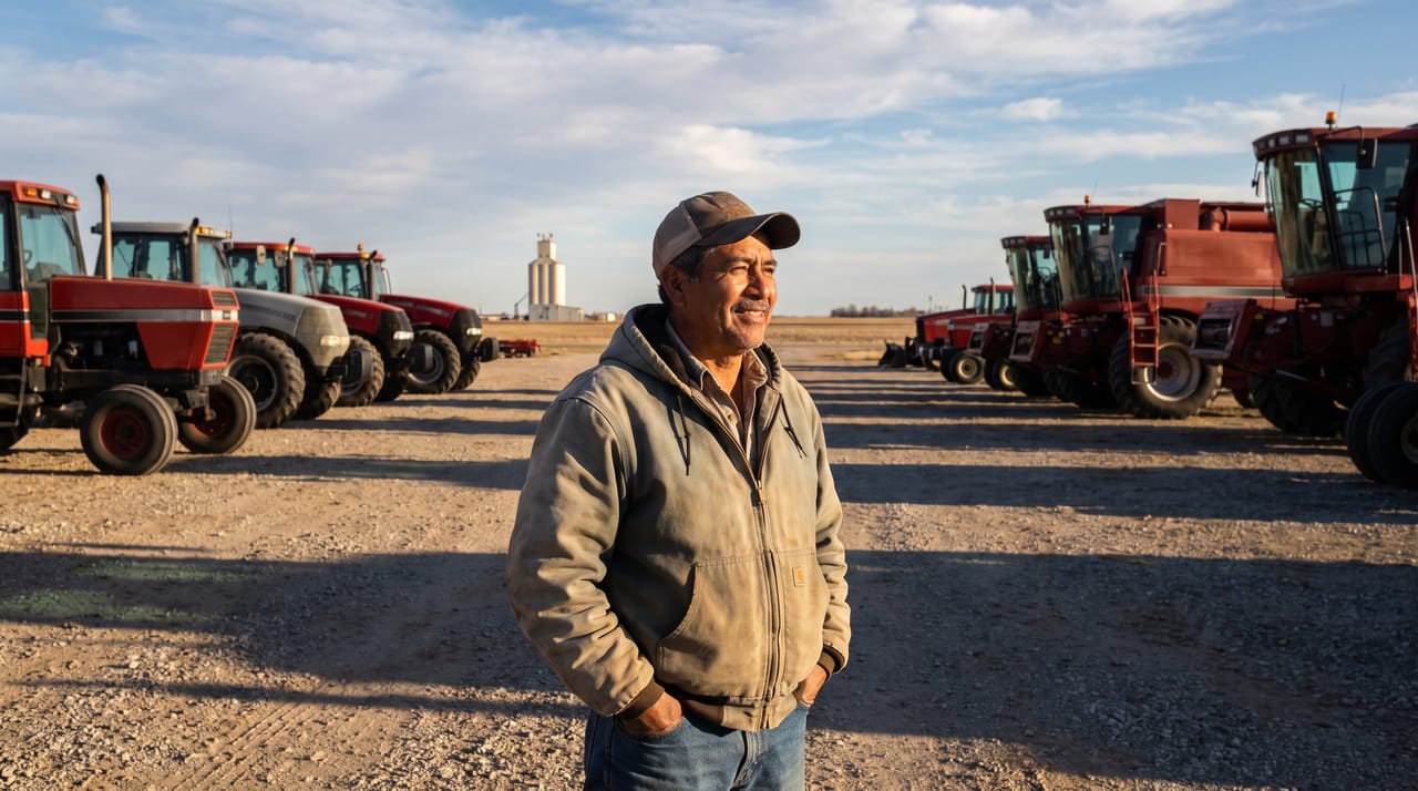 An equipment dealer in a gravel lot beside rows of red tractors and combines