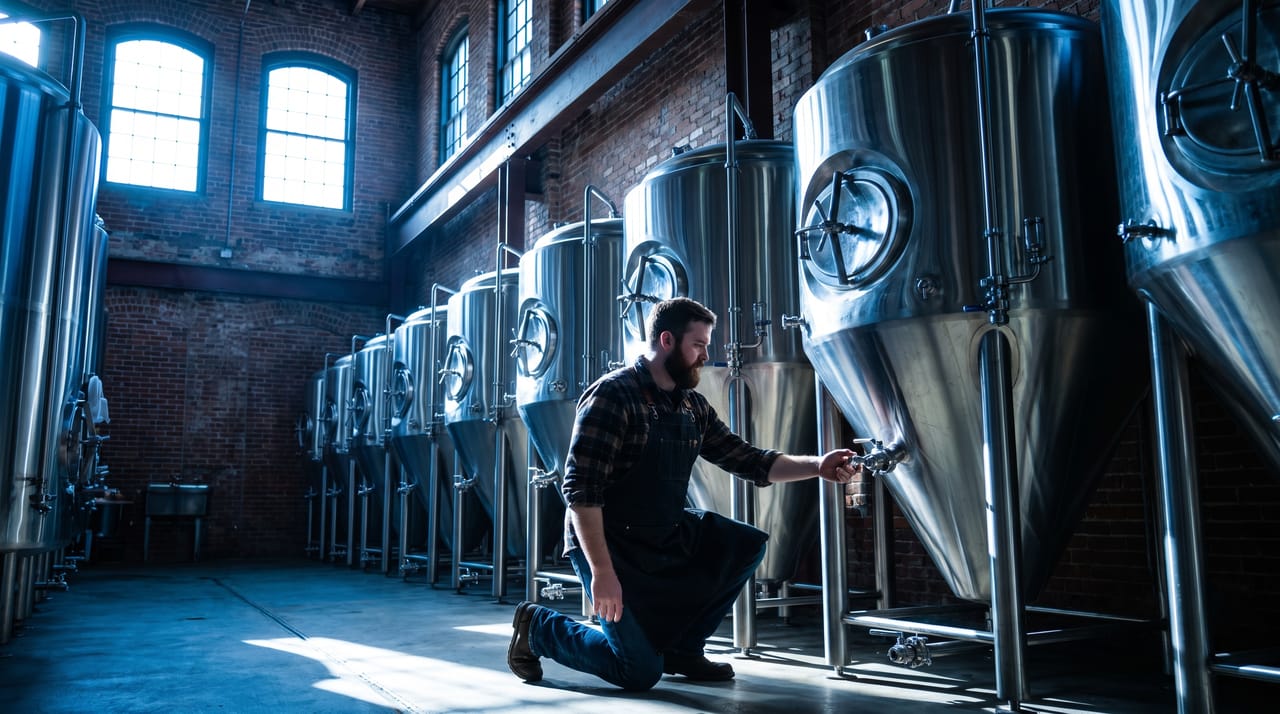 A brewery owner standing among steel fermentation tanks