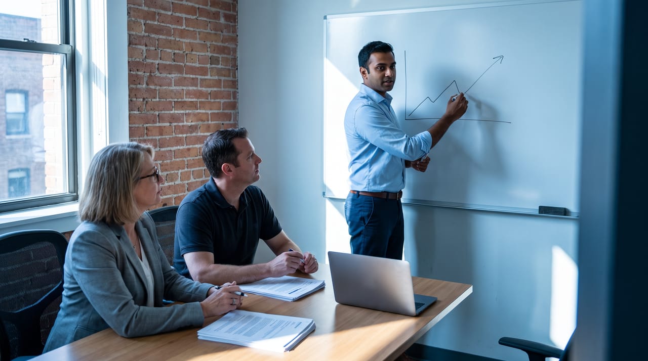 A partner and an owner at a whiteboard covered in a hand-drawn cash curve, no readable text