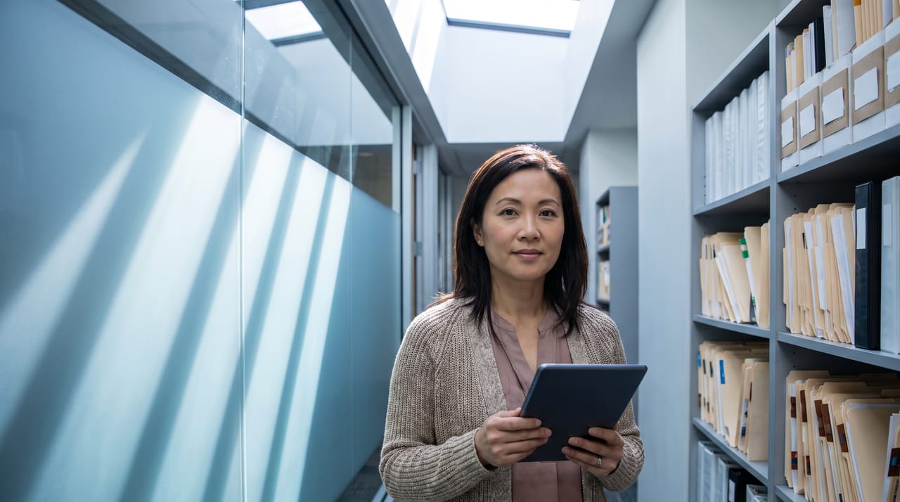 A clinic administrator reviewing a printed report in a back office
