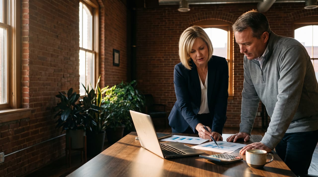Lena Lindqvist and an owner reviewing printed charts at a walnut table in the Old Town office at golden hour