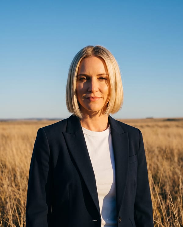 Lena Lindqvist, founding partner, standing outdoors against a wide prairie sky