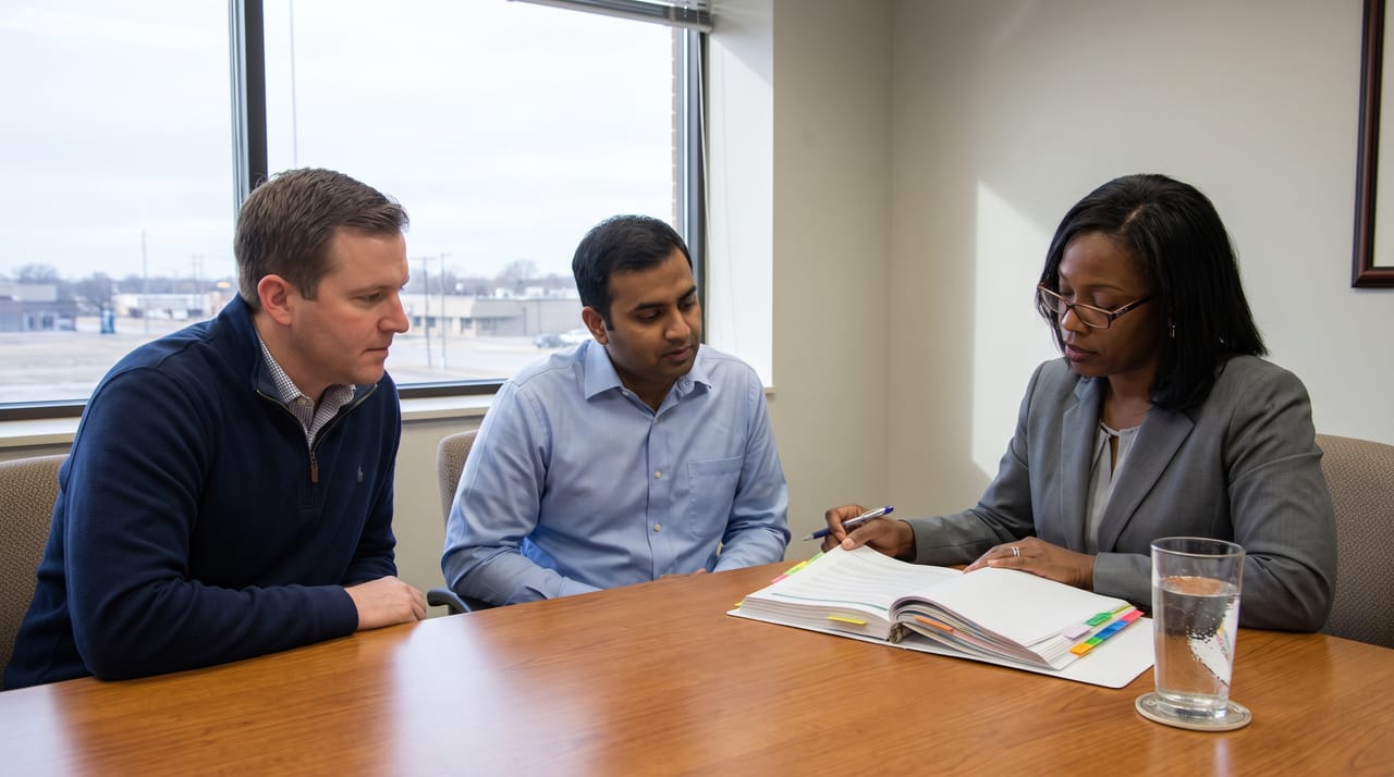 An owner and a partner across a table from a banker, a bound loan package open between them