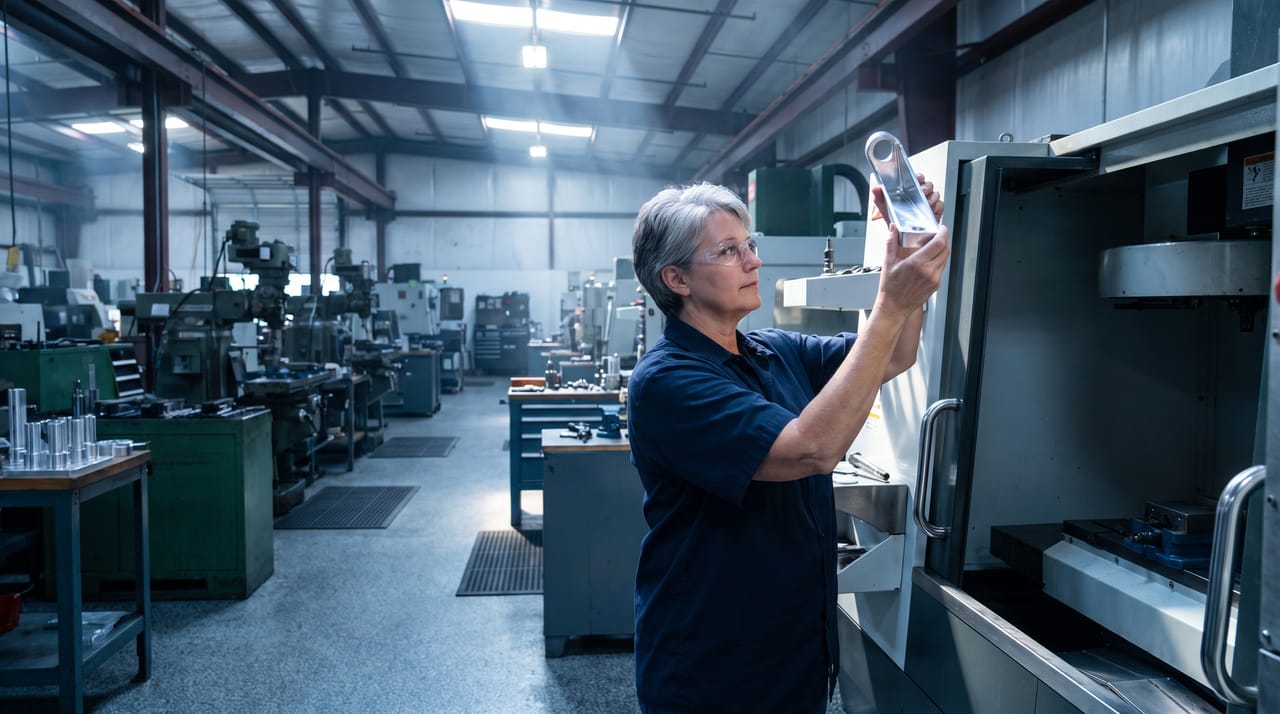 A machine shop owner beside a CNC machining centre under skylights