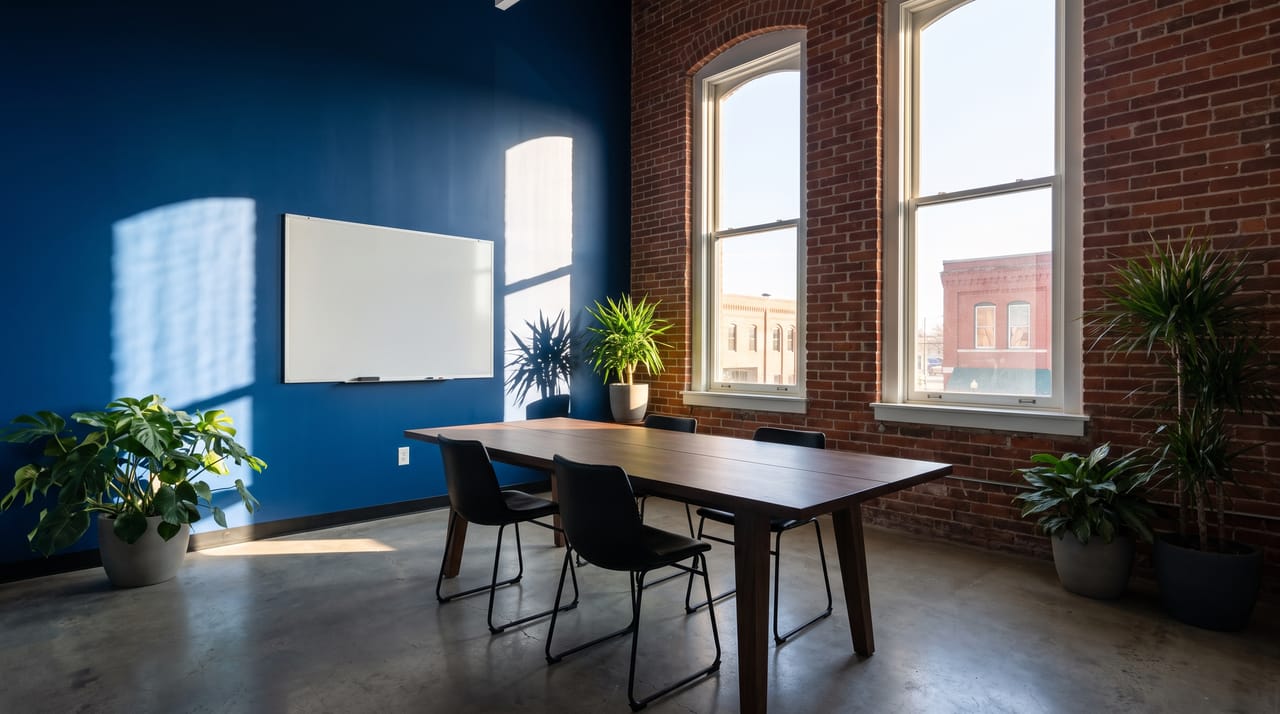 The Old Town office: brick walls, tall warehouse windows and long work tables