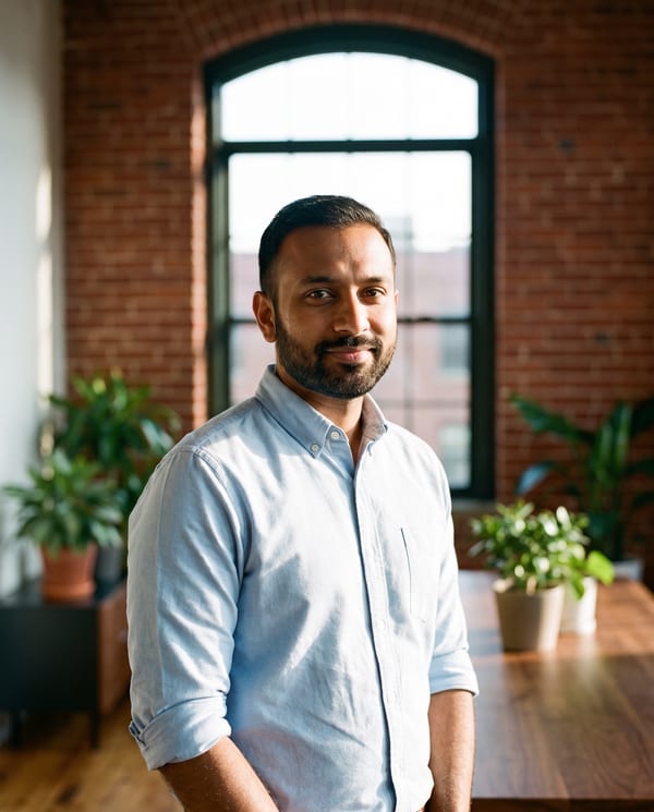 Theo Banerjee, partner, in a light blue shirt by a tall arched window in the Old Town office